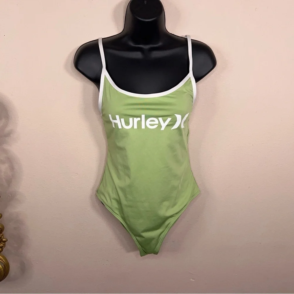 Medium Hurley One Piece Swimsuitight Green White Trim Stretch Beach Vacation